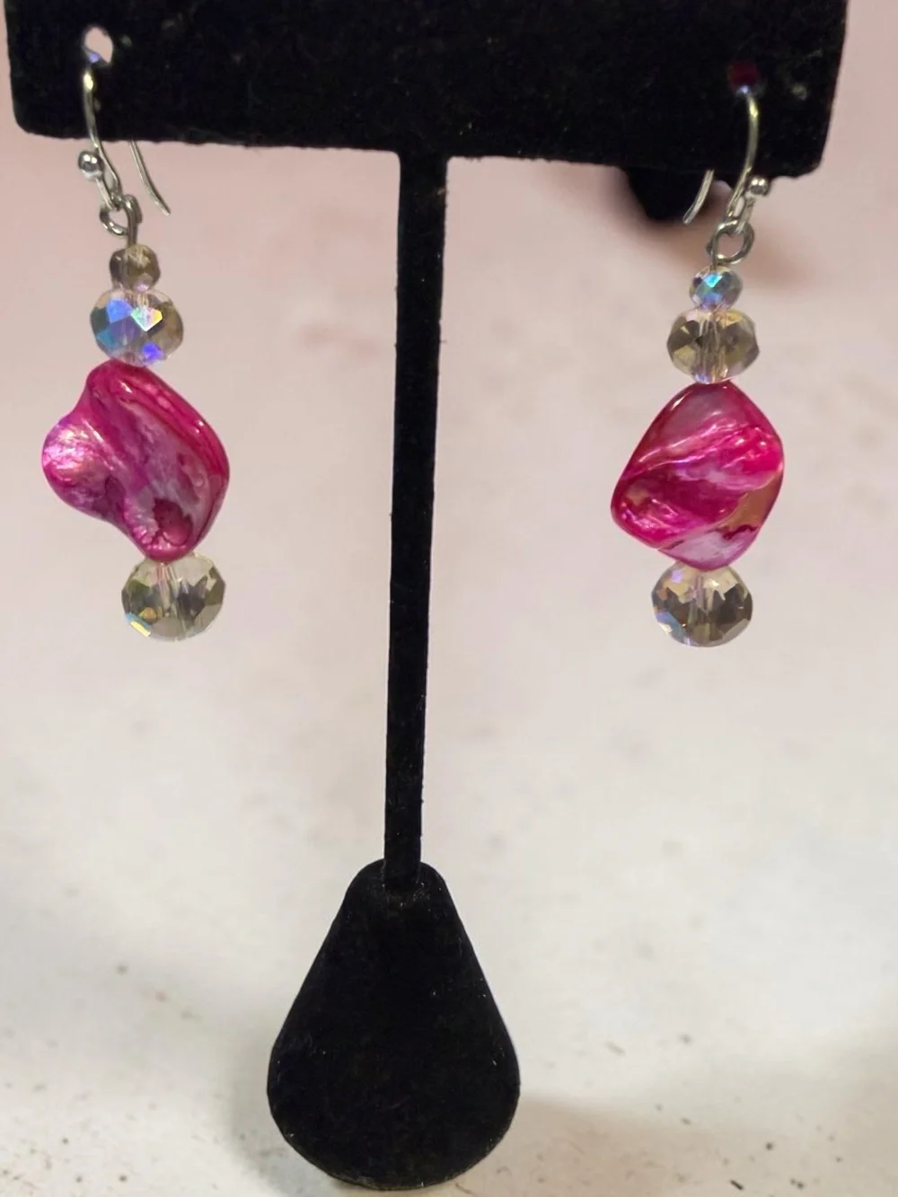 Handmade Fuchsia Mother of Pearl Wave Dangle Earrings Iridescent Crystal Mermaid